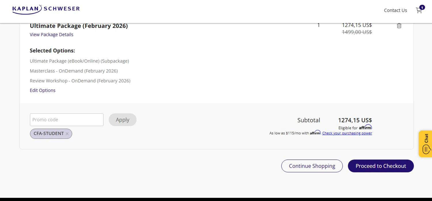 Schweser discount code screenshot showing code CFA-Student applied at Schweser checkout page. Uploaded by SimplyCodes community member MoneyHunter5624 on Jan 3, 2026