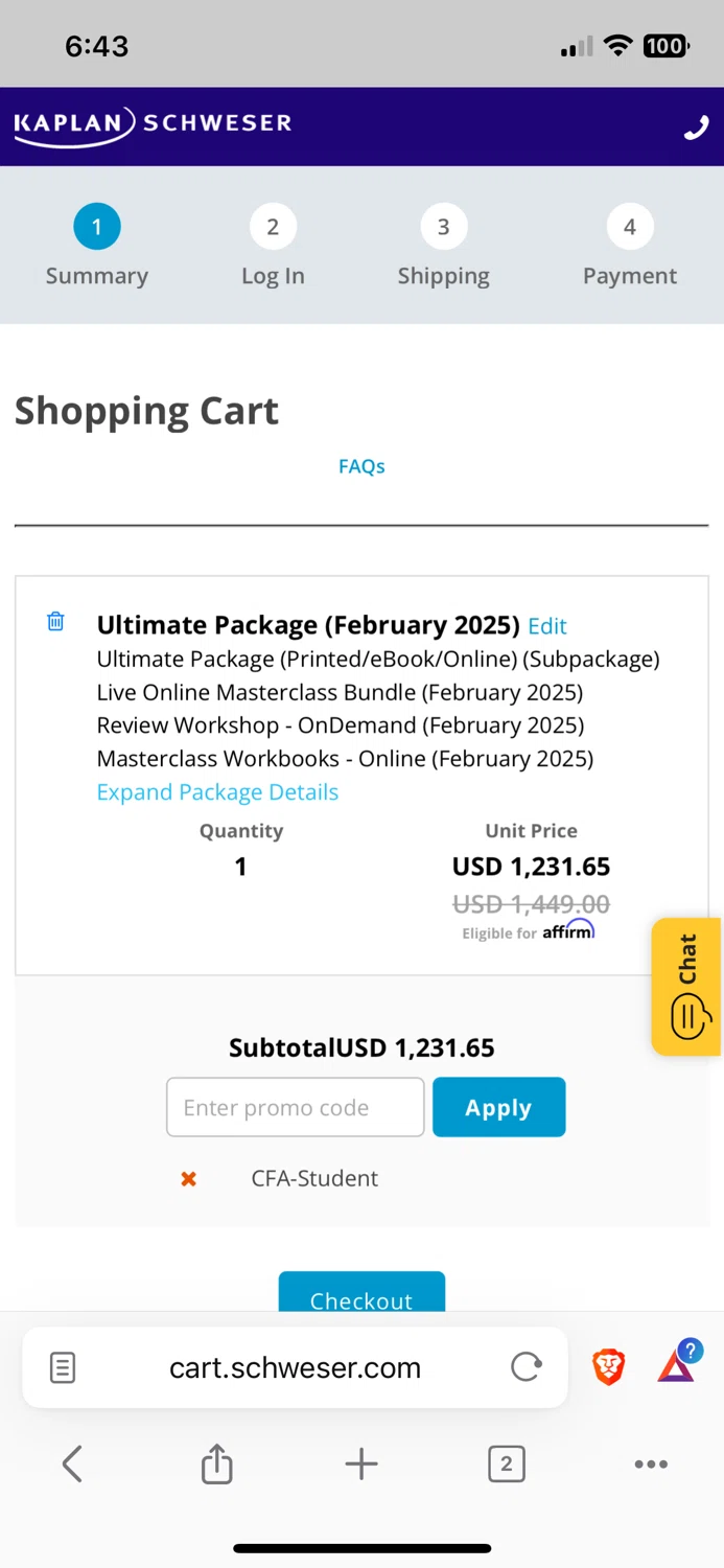 Schweser discount code screenshot showing code CFA-Student applied at Schweser checkout page. Uploaded by SimplyCodes community member Yoseff2 on Jan 31, 2025