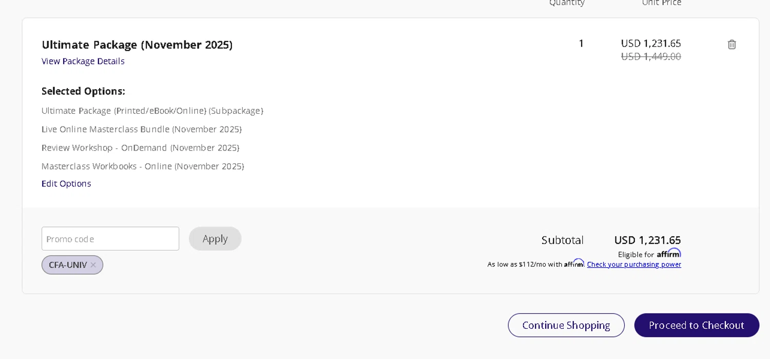 Schweser discount code screenshot showing code CFA-UNIV applied at Schweser checkout page. Uploaded by SimplyCodes community member Netheryno on Oct 16, 2025