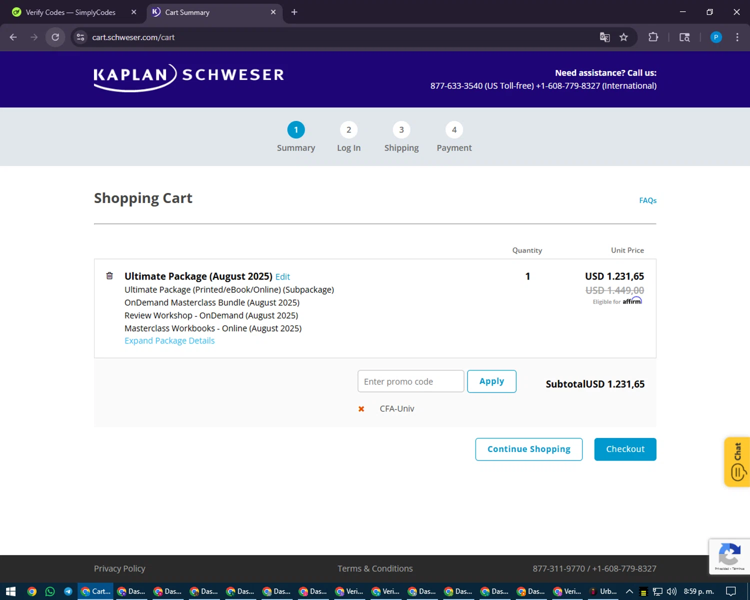 Schweser discount code screenshot showing code CFA-UNIV applied at Schweser checkout page. Uploaded by SimplyCodes community member juiceWRLD on Aug 23, 2025