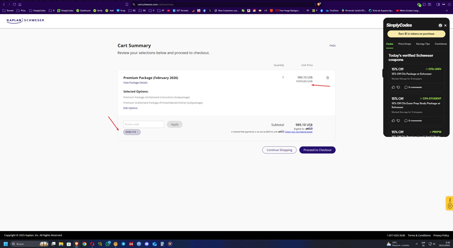 Schweser discount code screenshot showing code Early10 applied at Schweser checkout page. Uploaded by SimplyCodes community member UnkNownVnzla on Nov 10, 2025