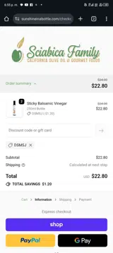 Sciabica's California Olive Oil coupon verification screenshot