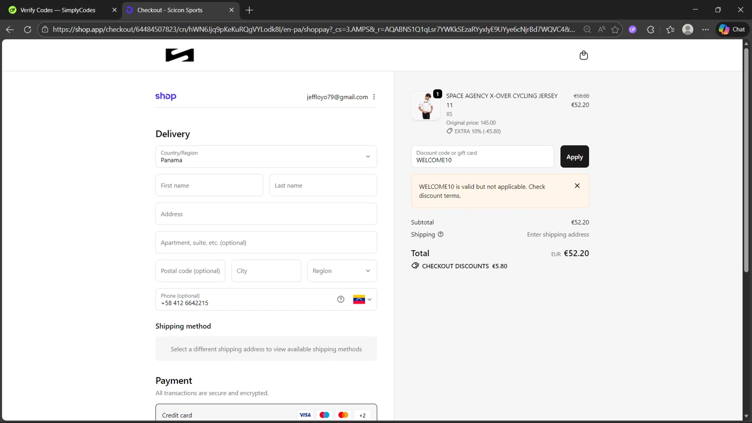 Scicon Sports promo code screenshot showing code WELCOME10 applied at Scicon Sports checkout page. Uploaded by SimplyCodes community member dragonjeffer_93a9 on Dec 11, 2025