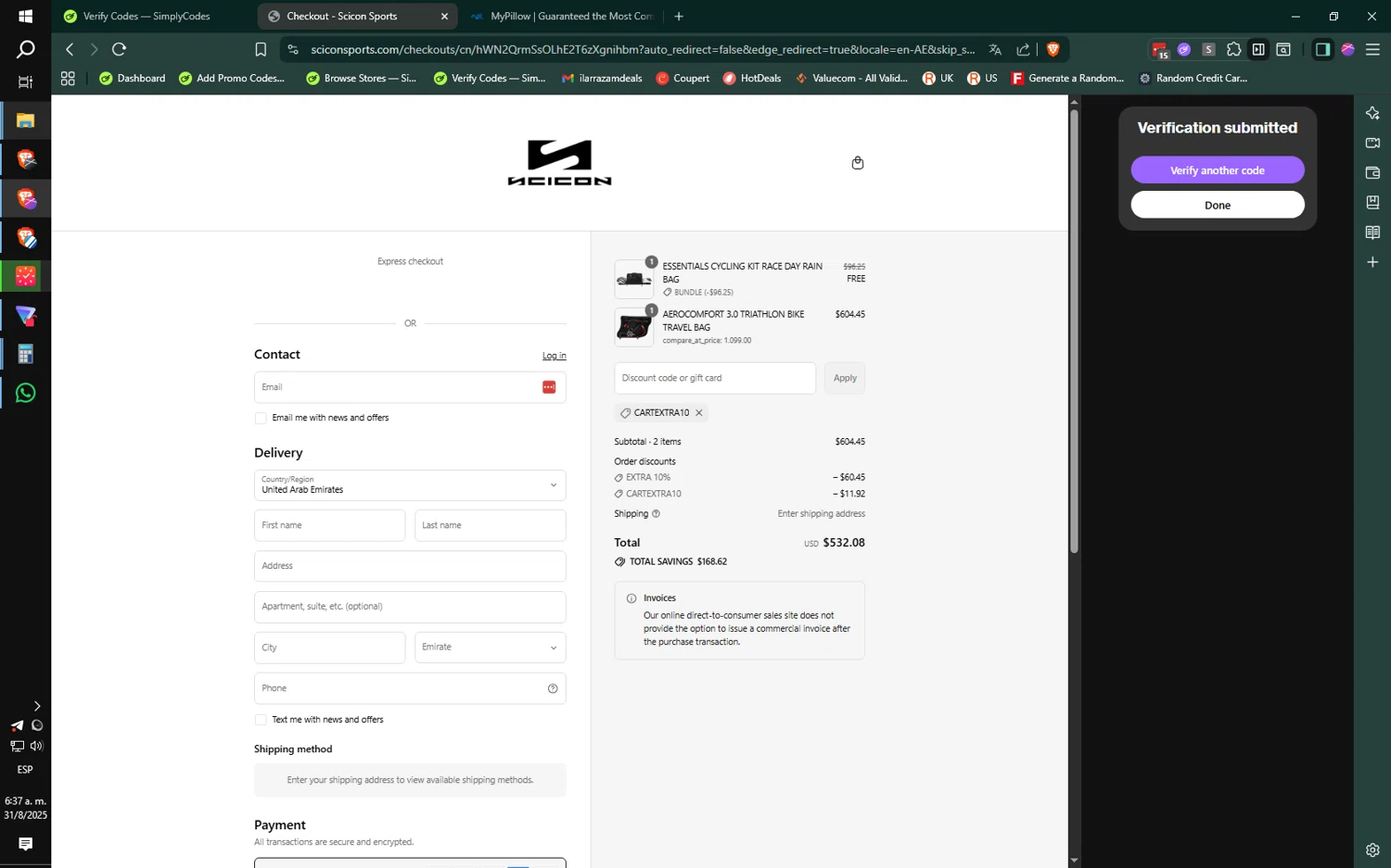 Scicon Sports promo code screenshot showing code CARTEXTRA10 applied at Scicon Sports checkout page. Uploaded by SimplyCodes community member jMoya06 on Aug 31, 2025