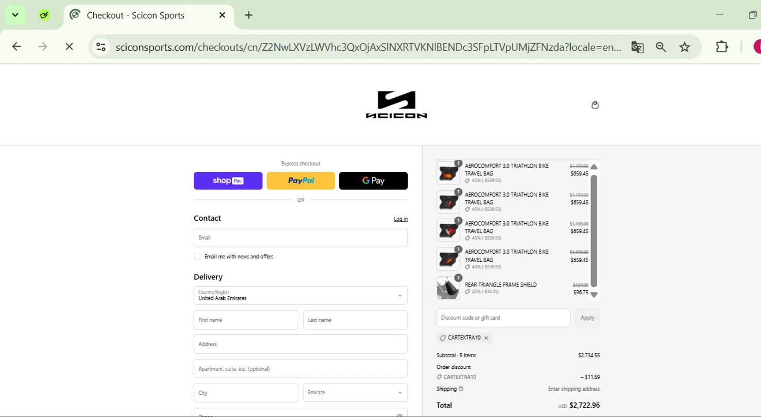 Scicon Sports promo code screenshot showing code CARTEXTRA10 applied at Scicon Sports checkout page. Uploaded by SimplyCodes community member SavingsPhoenix2740 on Apr 27, 2025