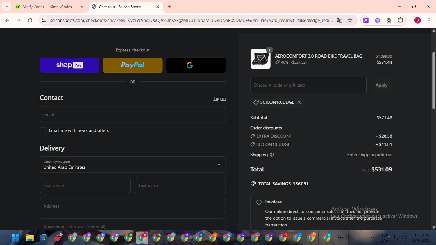 Scicon Sports promo code screenshot showing code SCICON10JUDGE applied at Scicon Sports checkout page. Uploaded by SimplyCodes community member EpicSaver9948 on Jun 12, 2025