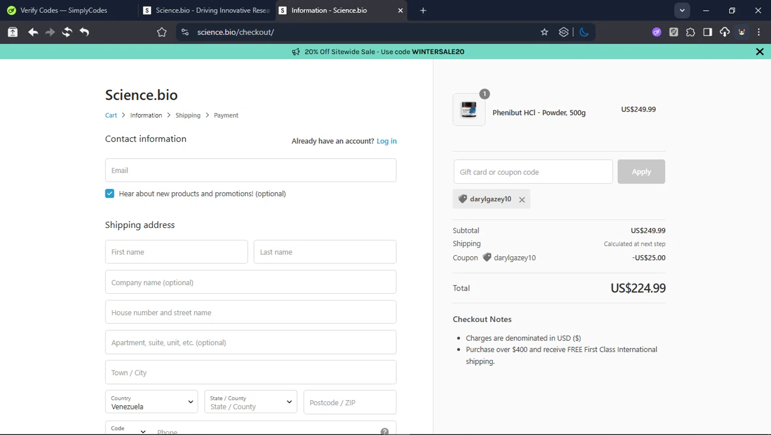 Science.bio coupon code screenshot showing code darylgazey10 applied at Science.bio checkout page. Uploaded by SimplyCodes community member BrilliantTitan6909 on Jan 27, 2026