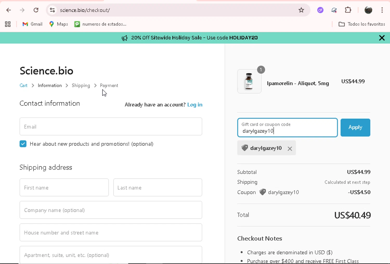 Science.bio coupon code screenshot showing code darylgazey10 applied at Science.bio checkout page. Uploaded by SimplyCodes community member adrianvasquez1 on Nov 21, 2025