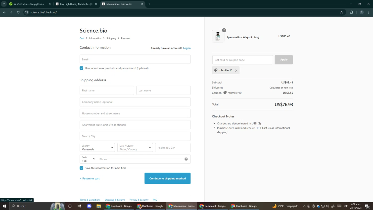 Science.bio coupon code screenshot showing code robmiller10 applied at Science.bio checkout page. Uploaded by SimplyCodes community member Makemusic on Oct 28, 2025