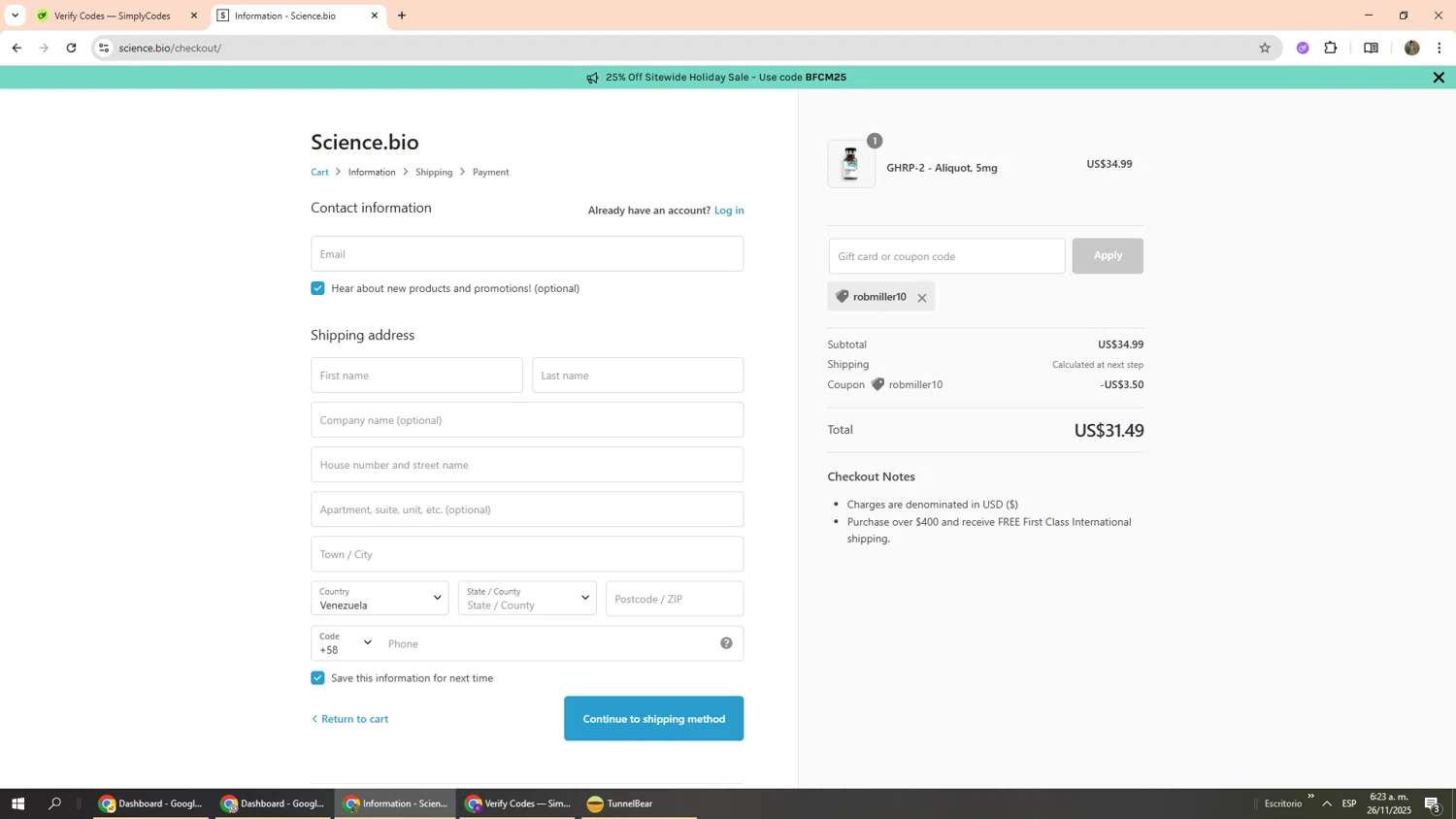 Science.bio coupon code screenshot showing code robmiller10 applied at Science.bio checkout page. Uploaded by SimplyCodes community member Phoenix585 on Nov 26, 2025