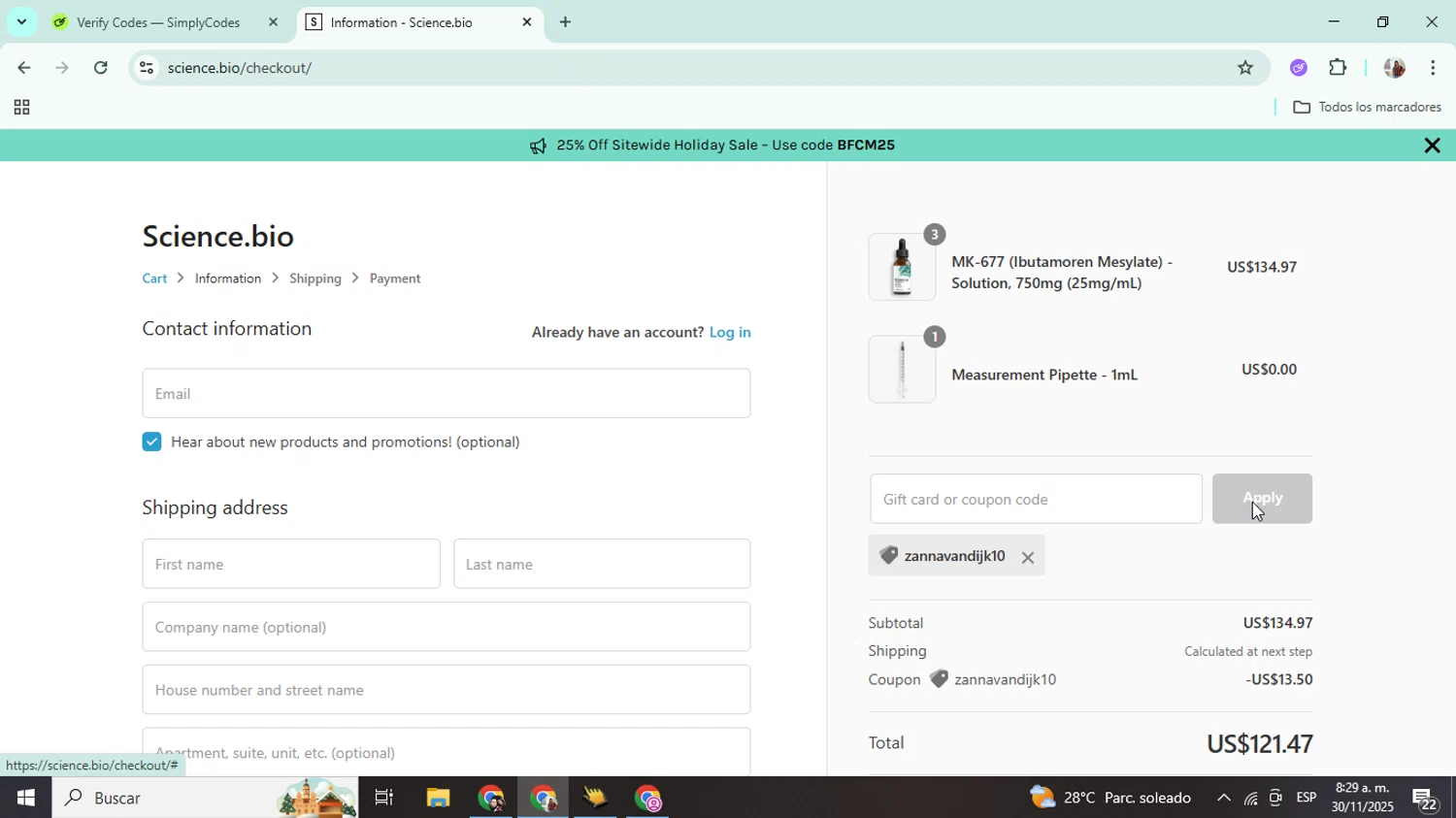 Science.bio coupon code screenshot showing code zannavandijk10 applied at Science.bio checkout page. Uploaded by SimplyCodes community member Mujerdejunnior on Nov 30, 2025