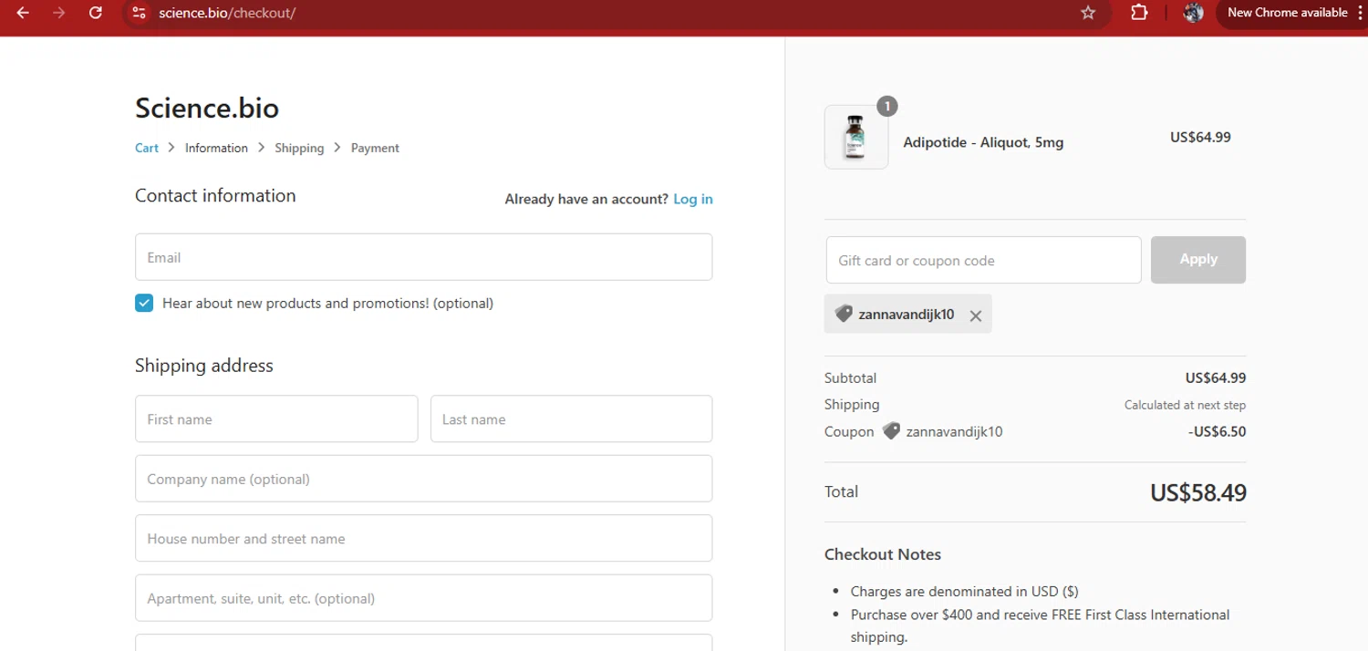 Science.bio coupon code screenshot showing code zannavandijk10 applied at Science.bio checkout page. Uploaded by SimplyCodes community member kimberlinmartinez on Oct 4, 2025