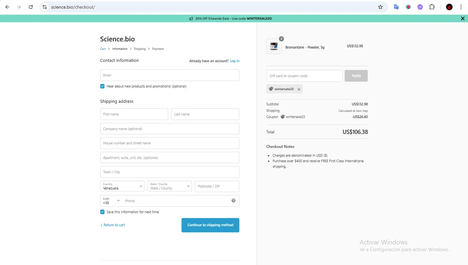 Science.bio coupon code screenshot showing code WINTERSALE20 applied at Science.bio checkout page. Uploaded by SimplyCodes community member Francisco01 on Jan 24, 2026