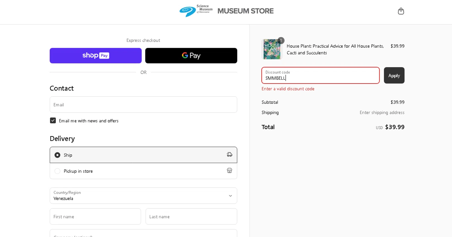 Science Museum of MN discount code screenshot showing code SMMBELL applied at Science Museum of MN checkout page. Uploaded by SimplyCodes community member Jnueel_10 on Mar 29, 2025