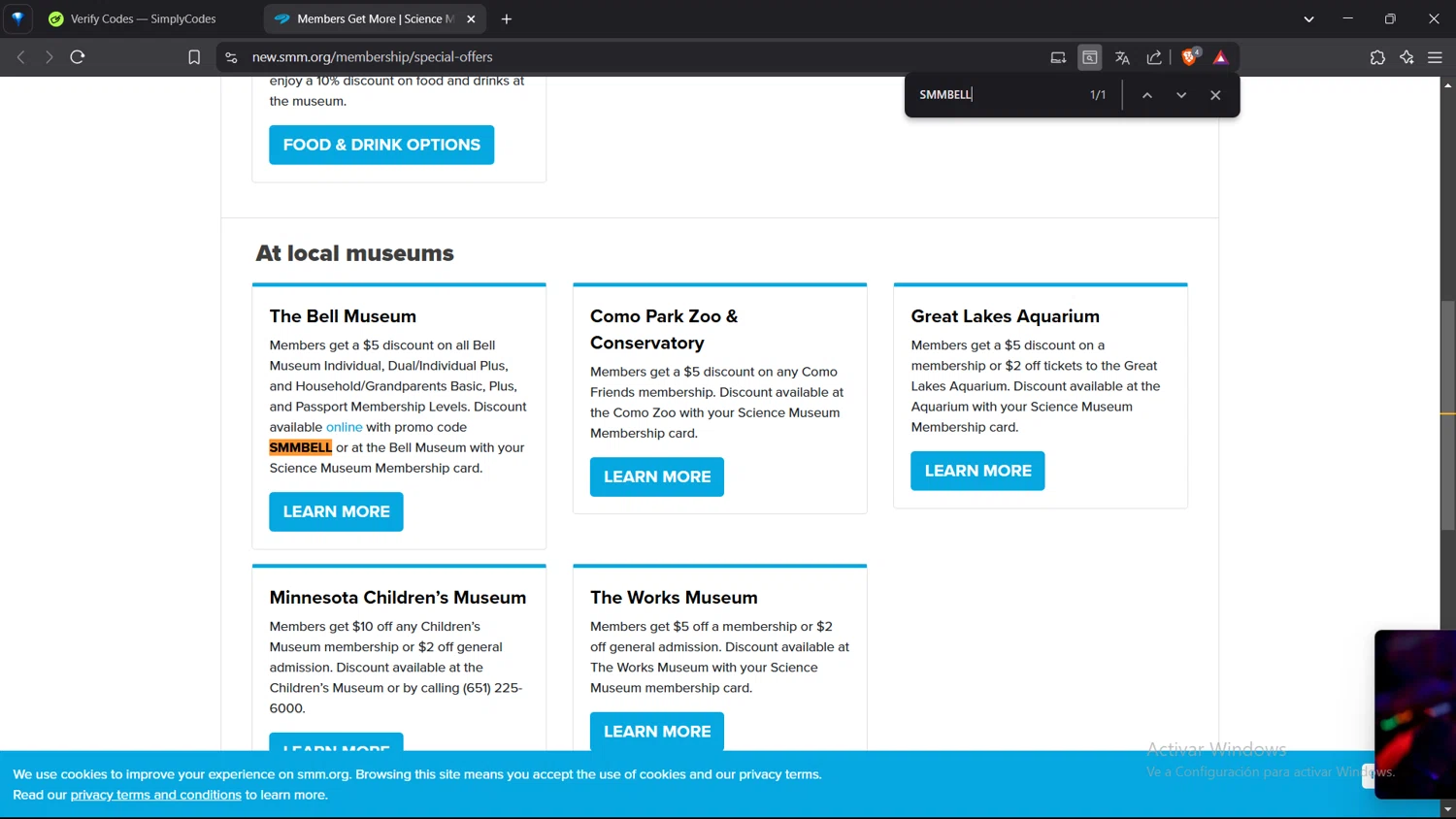 Science Museum of MN discount code screenshot showing code SMMBELL applied at Science Museum of MN checkout page. Uploaded by SimplyCodes community member VoucherShopper4674 on Mar 29, 2025