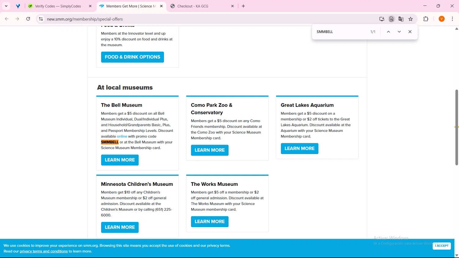 Science Museum of MN discount code screenshot showing code SMMBELL applied at Science Museum of MN checkout page. Uploaded by SimplyCodes community member FortunateFinder9465 on Apr 2, 2025