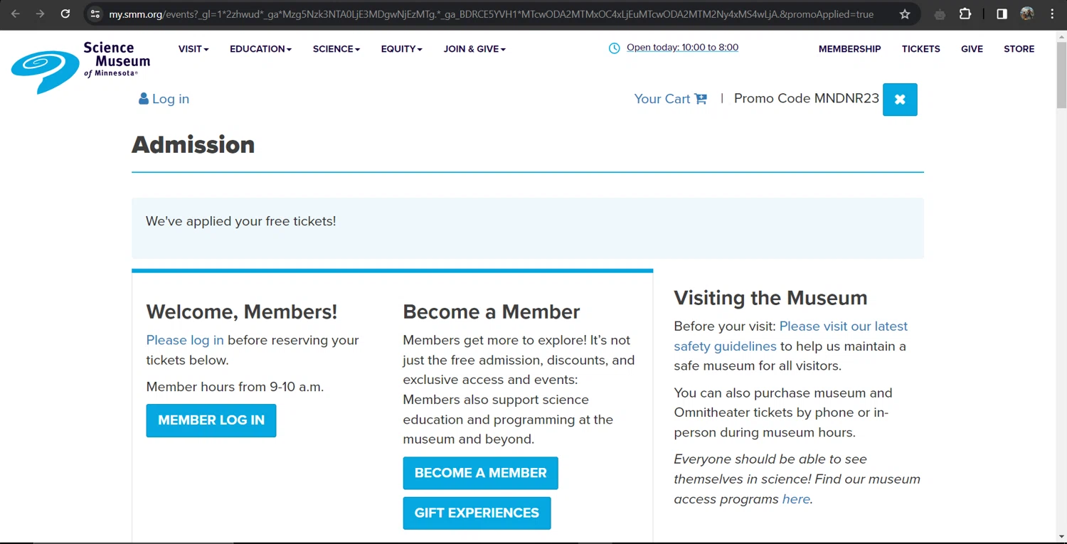 Science Museum of MN checkout page showing Science Museum of MN discount code box | Screenshot taken by SimplyCodes community member on Mar 23, 2024