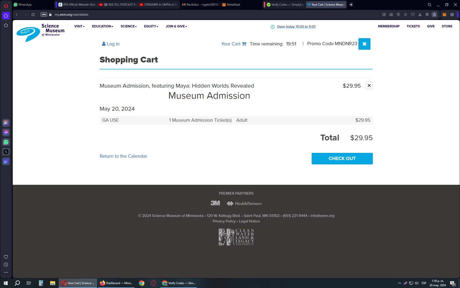 Science Museum of MN checkout page showing Science Museum of MN discount code box | Screenshot taken by SimplyCodes community member on May 20, 2024