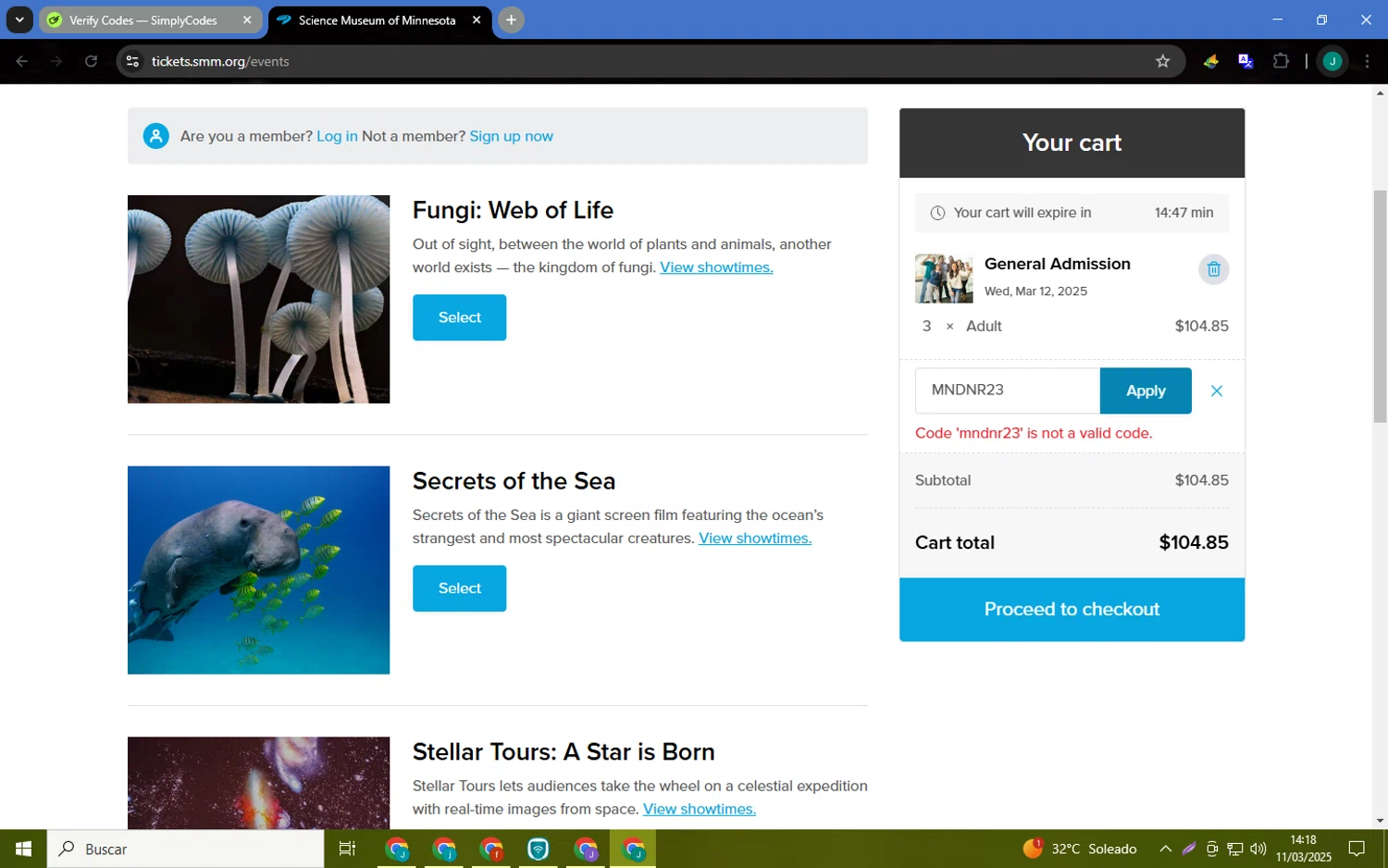 Science Museum of MN discount code screenshot showing code MNDNR23 applied at Science Museum of MN checkout page. Uploaded by SimplyCodes community member MagnificentCaptain7552 on Mar 11, 2025
