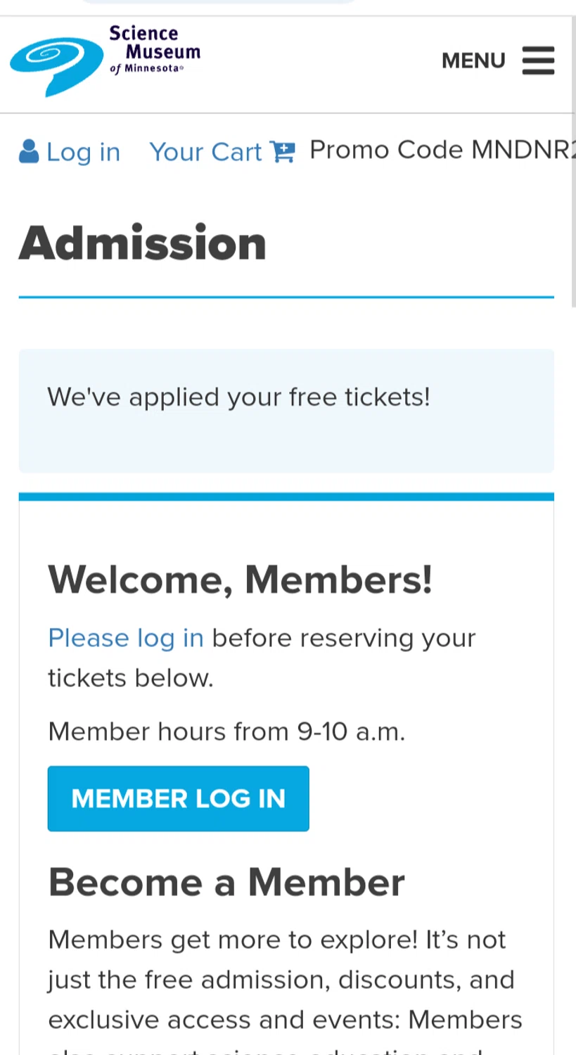 Science Museum of MN checkout page showing Science Museum of MN discount code box | Screenshot taken by SimplyCodes community member on Dec 15, 2023