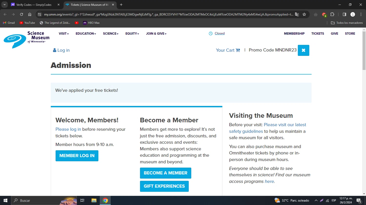 Science Museum of MN checkout page showing Science Museum of MN discount code box | Screenshot taken by SimplyCodes community member on Feb 26, 2024