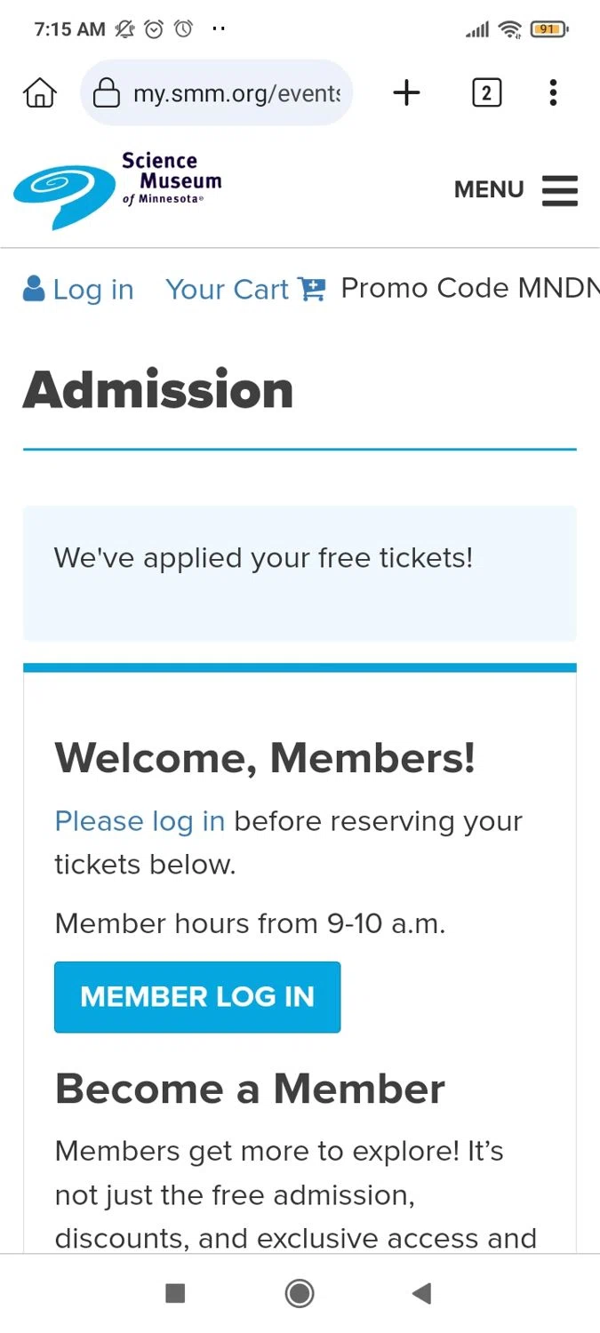 Science Museum of MN checkout page showing Science Museum of MN discount code box | Screenshot taken by SimplyCodes community member on Dec 15, 2023