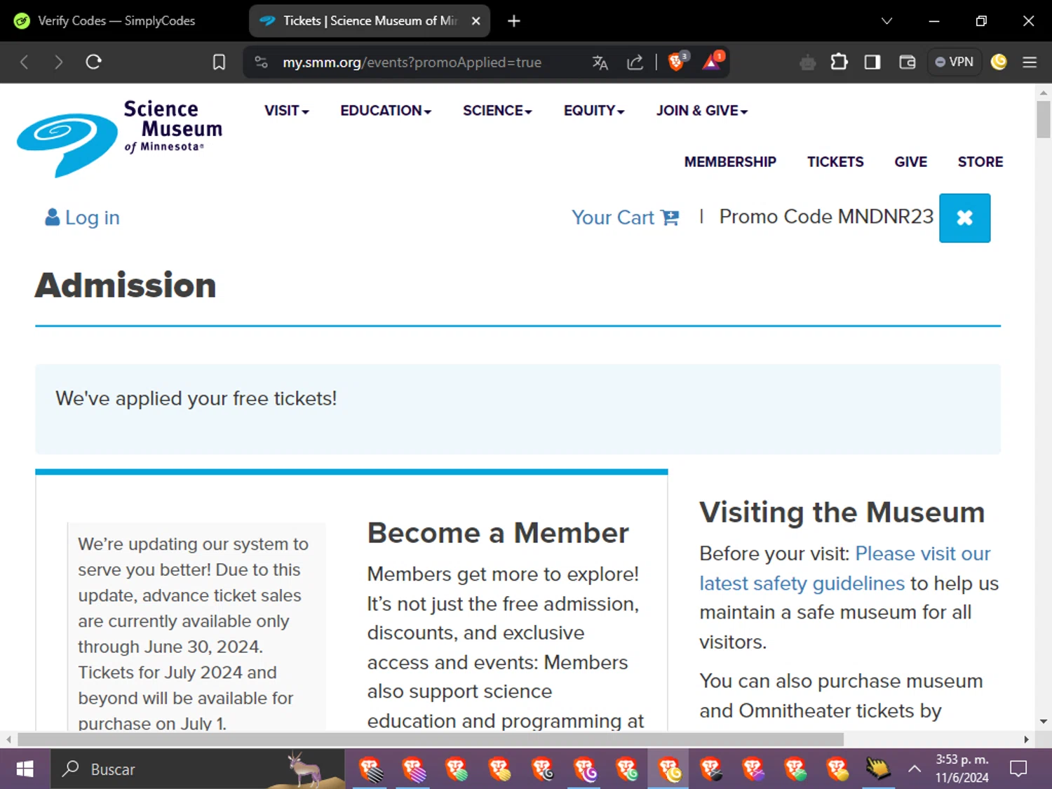 Science Museum of MN checkout page showing Science Museum of MN discount code box | Screenshot taken by SimplyCodes community member on Jun 11, 2024