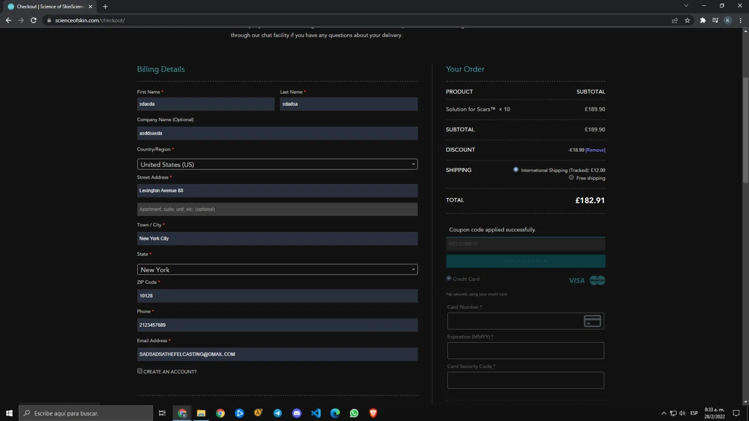 Science of Skin checkout page showing Science of Skin discount code box | Screenshot taken by SimplyCodes community member on Feb 28, 2022