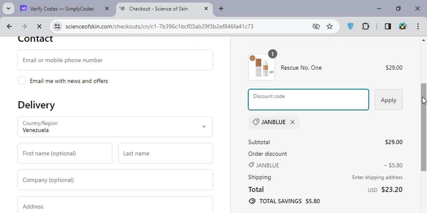 Science of Skin checkout page showing Science of Skin discount code box | Screenshot taken by SimplyCodes community member on Jan 24, 2024