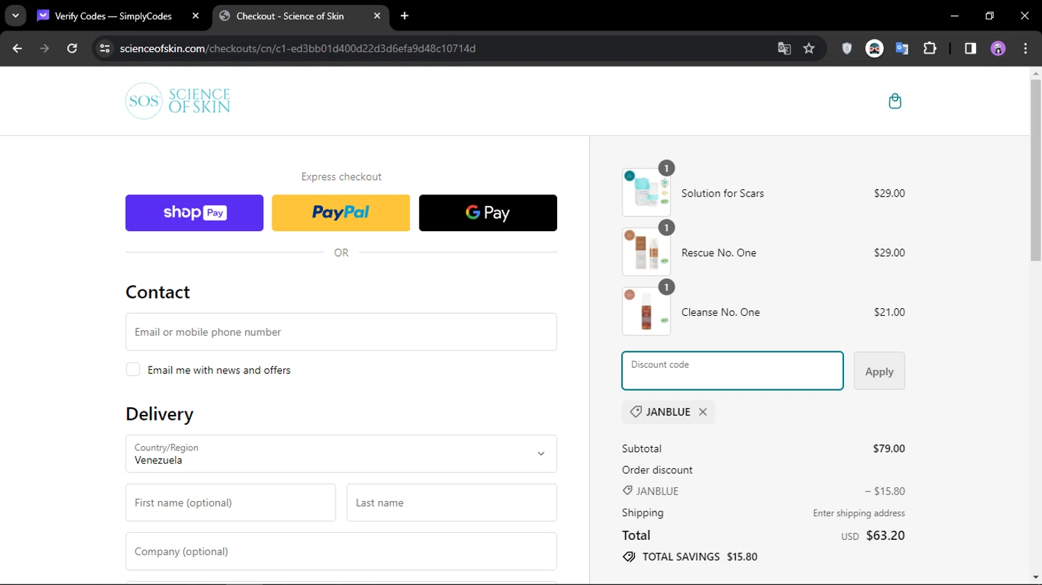 Science of Skin checkout page showing Science of Skin discount code box | Screenshot taken by SimplyCodes community member on Jan 24, 2024