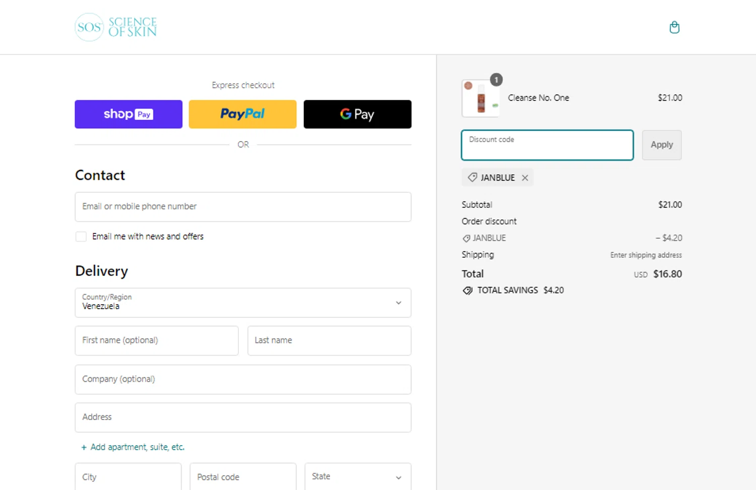 Science of Skin checkout page showing Science of Skin discount code box | Screenshot taken by SimplyCodes community member on Jan 24, 2024