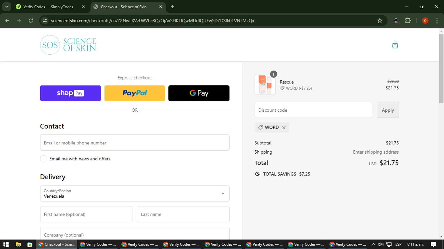 Science of Skin checkout page showing Science of Skin discount code box | Screenshot taken by SimplyCodes community member on May 23, 2024