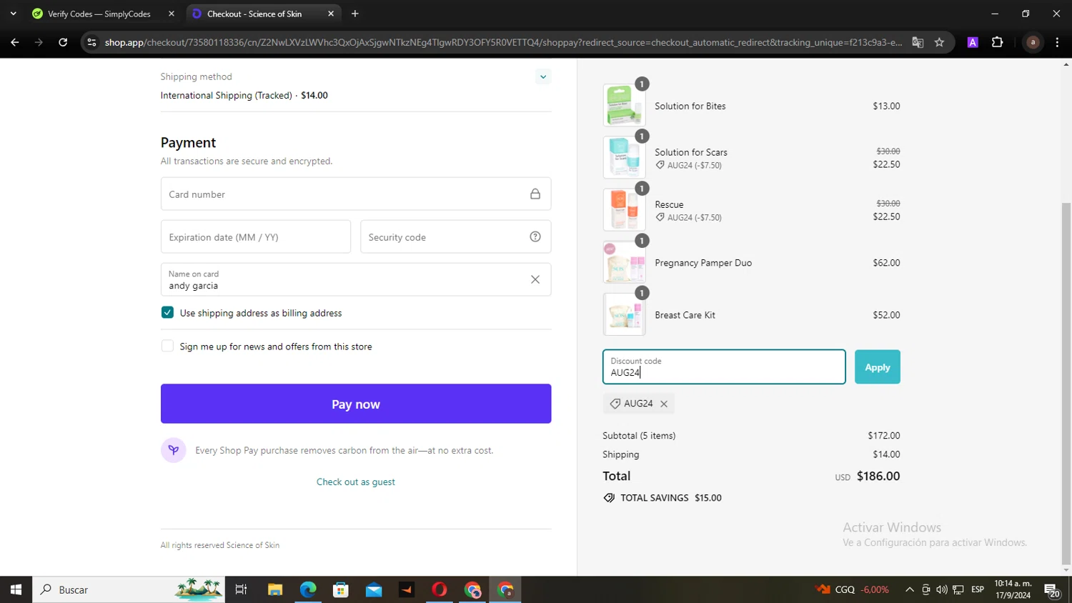 Science of Skin checkout page showing Science of Skin discount code box | Screenshot taken by SimplyCodes community member on Sep 17, 2024