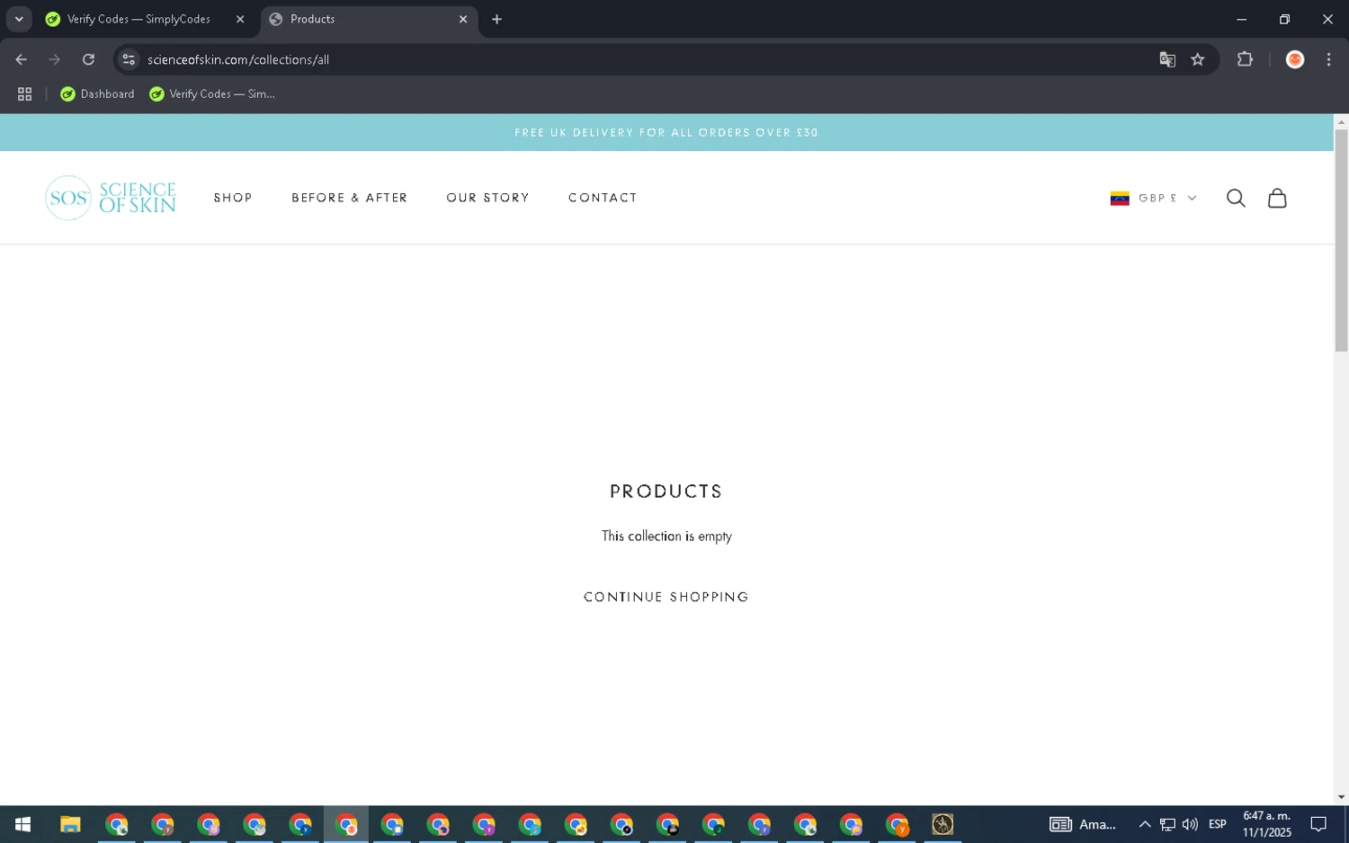 Science of Skin discount code screenshot showing code AUG24 applied at Science of Skin checkout page. Uploaded by SimplyCodes community member NobleCurator2111 on Jan 11, 2025