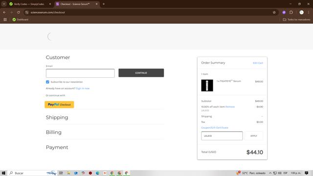 Science Serum checkout page showing Science Serum coupon code box | Screenshot taken by SimplyCodes community member on Jul 14, 2025