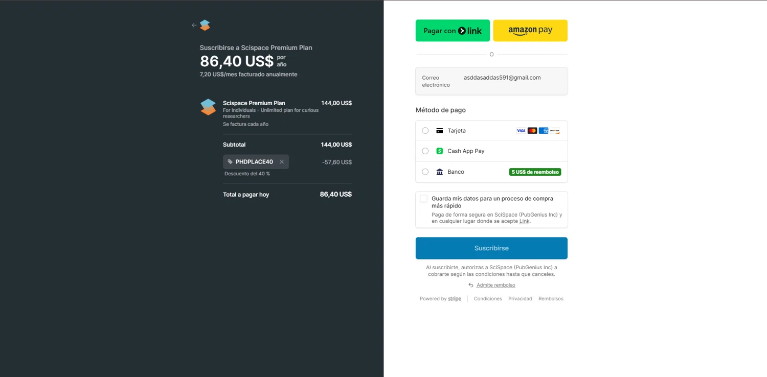 SciSpace promo code screenshot showing code PhDPlace40 applied at SciSpace checkout page. Uploaded by SimplyCodes community member SavvyAdmiral5612 on Dec 29, 2025