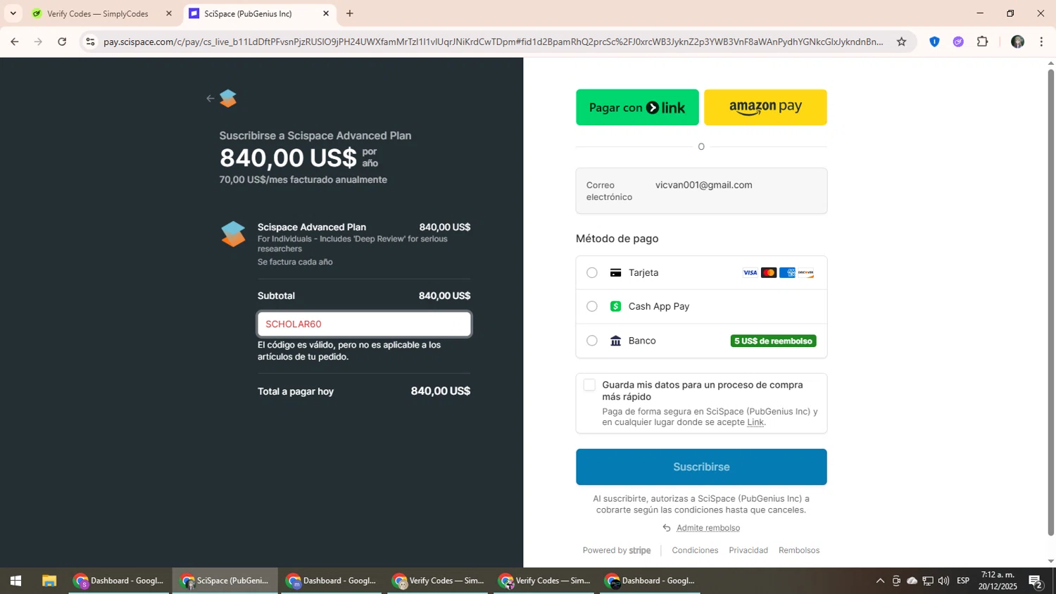 SciSpace promo code screenshot showing code SCHOLAR60 applied at SciSpace checkout page. Uploaded by SimplyCodes community member CleverLynx6871 on Dec 20, 2025