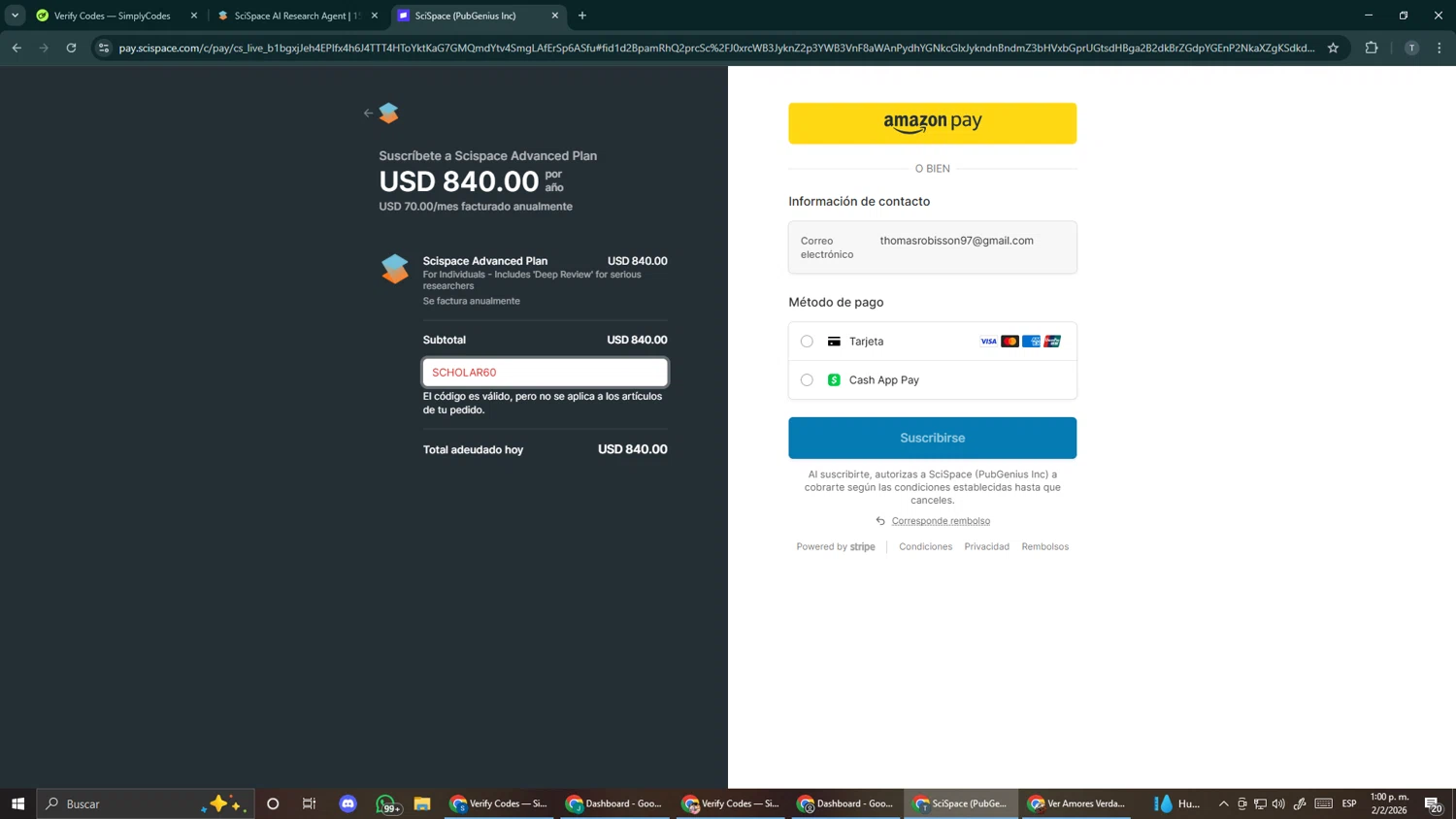 SciSpace checkout page showing SciSpace promo code box | Screenshot taken by SimplyCodes community member on Feb 2, 2026