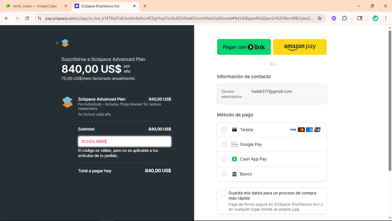 SciSpace promo code screenshot showing code SCHOLAR60 applied at SciSpace checkout page. Uploaded by SimplyCodes community member ShieldLegend9691 on Jan 20, 2026