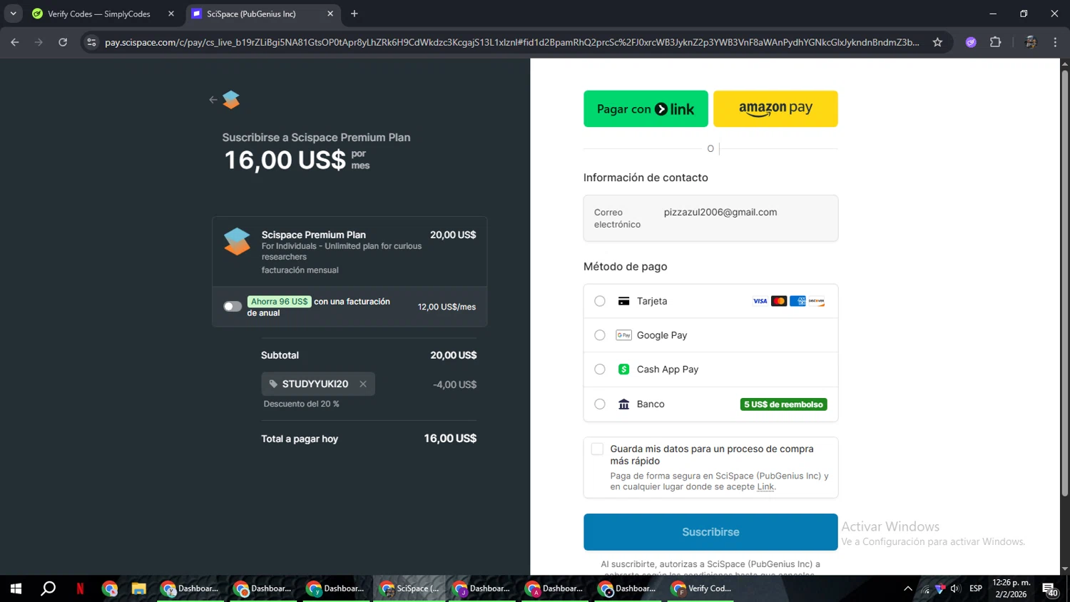 SciSpace checkout page showing SciSpace promo code box | Screenshot taken by SimplyCodes community member on Feb 2, 2026
