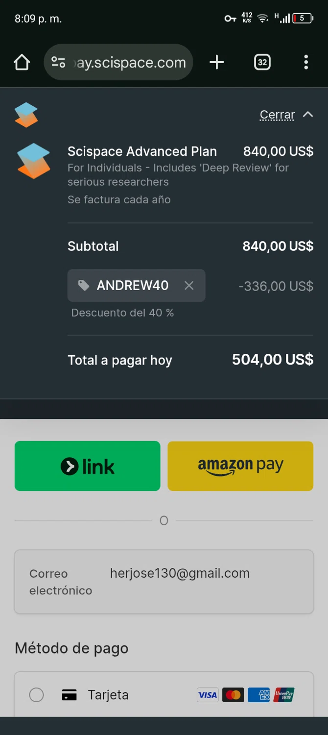 SciSpace promo code screenshot showing code ANDREW40 applied at SciSpace checkout page. Uploaded by SimplyCodes community member Bernado on Oct 18, 2025