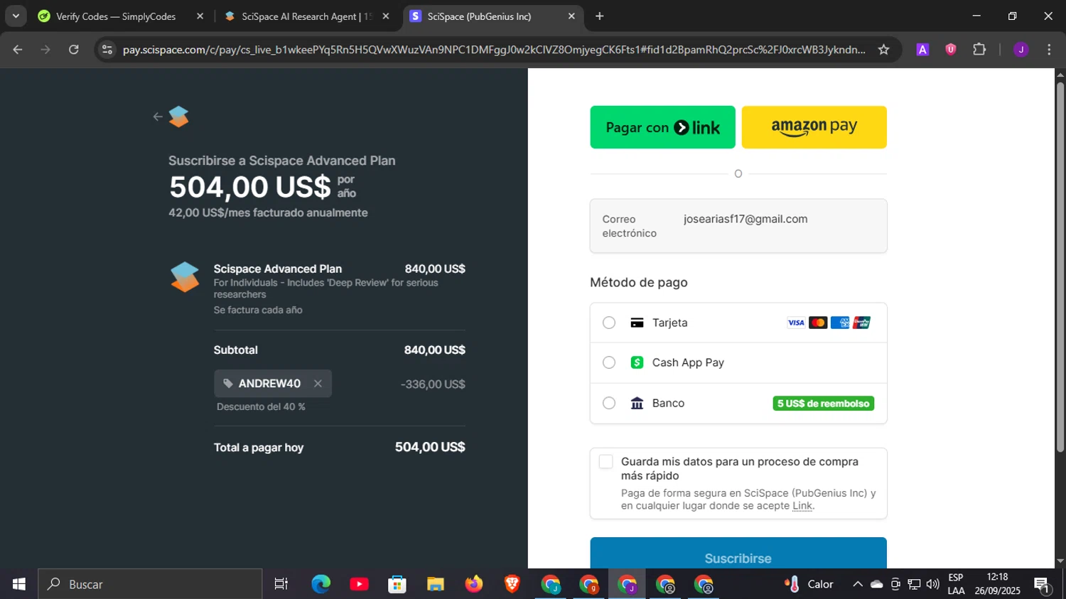 SciSpace promo code screenshot showing code ANDREW40 applied at SciSpace checkout page. Uploaded by SimplyCodes community member DiscountLegend6670 on Sep 26, 2025