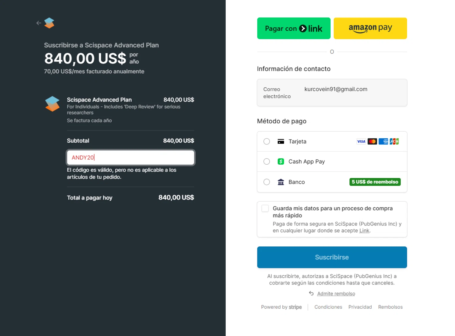 SciSpace promo code screenshot showing code ANDY20 applied at SciSpace checkout page. Uploaded by SimplyCodes community member Halanweik on Feb 2, 2026