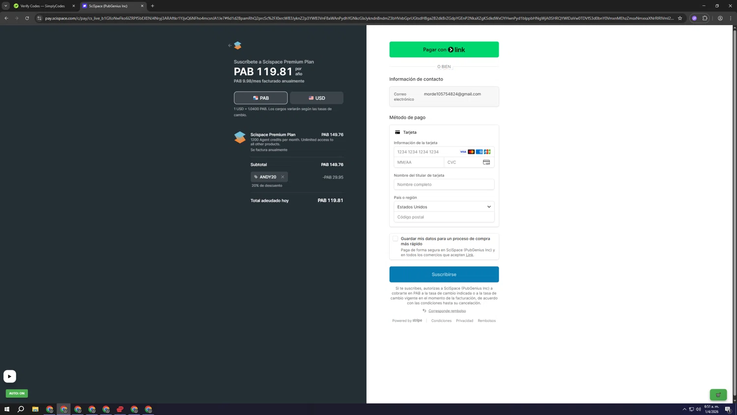 SciSpace promo code screenshot showing code ANDY20 applied at SciSpace checkout page. Uploaded by SimplyCodes community member ghjfghty56456 on Apr 1, 2026