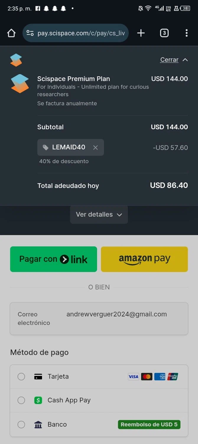 SciSpace promo code screenshot showing code LEMAID40 applied at SciSpace checkout page. Uploaded by SimplyCodes community member JandryV on Dec 22, 2025