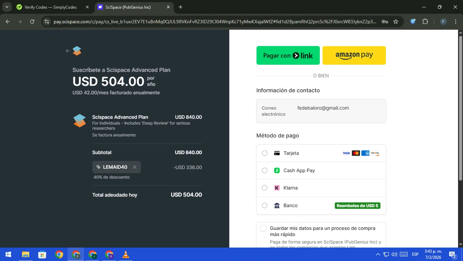 SciSpace checkout page showing SciSpace promo code box | Screenshot taken by SimplyCodes community member on Feb 7, 2026