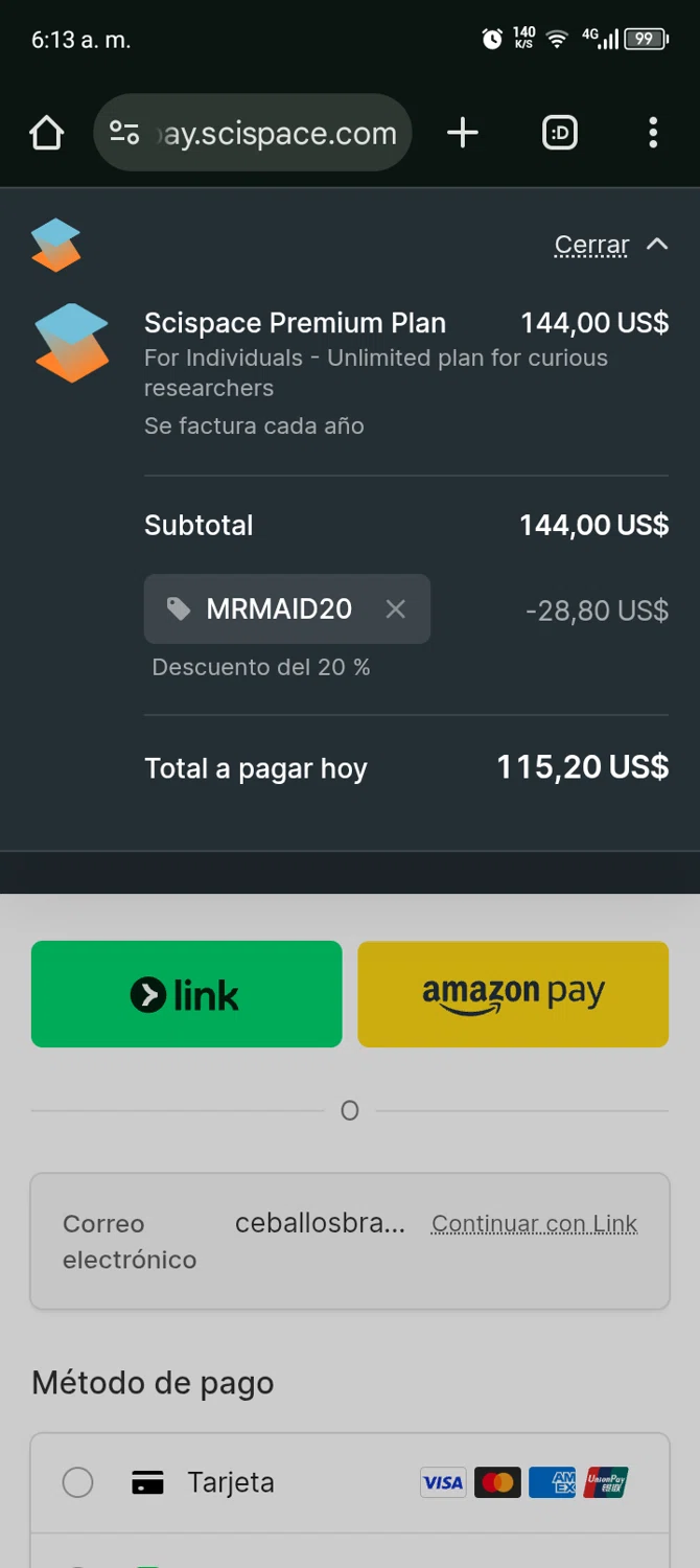 SciSpace promo code screenshot showing code MRMAID20 applied at SciSpace checkout page. Uploaded by SimplyCodes community member Bernado on Feb 2, 2026
