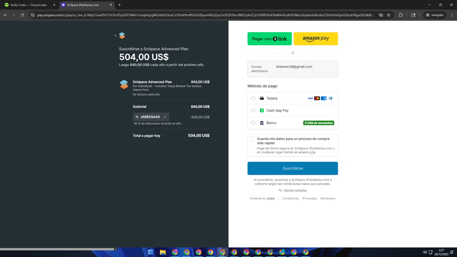 SciSpace promo code screenshot showing code JAREKSA40 applied at SciSpace checkout page. Uploaded by SimplyCodes community member pequenokalvin5 on Dec 26, 2025