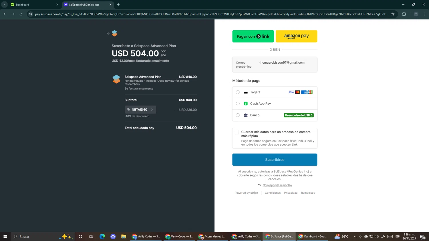 SciSpace promo code screenshot showing code NETAID40 applied at SciSpace checkout page. Uploaded by SimplyCodes community member Pirlo420 on Nov 26, 2025