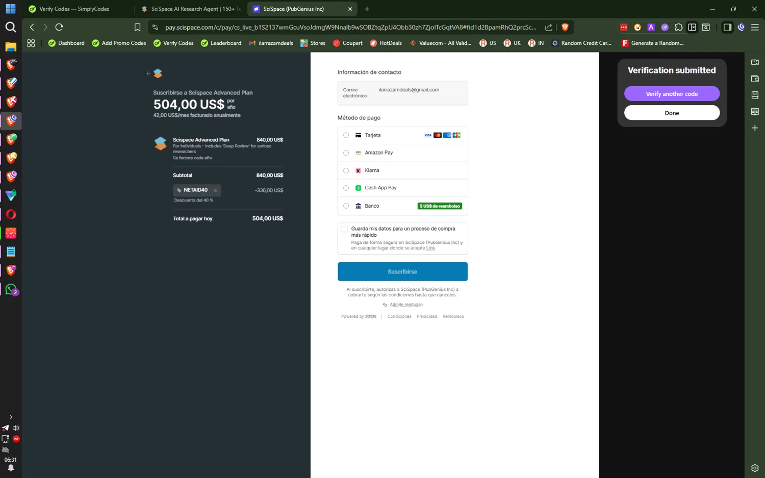 SciSpace promo code screenshot showing code NETAID40 applied at SciSpace checkout page. Uploaded by SimplyCodes community member QuantumRider5931 on Dec 16, 2025